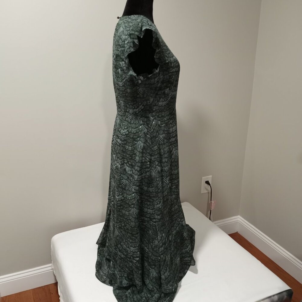 Feather Printed Midi Flounce Dress - Feather Bottle Green Women Size 40 - Picture 4 of 8